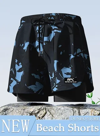 Men's Swimming Trunks with Compression Liner, Double Layer Quick Dry Beach Shorts with Adjustable Belt Loose Breath Swim Shorts Swimwear Bathing Suits for Beach and Swimming 