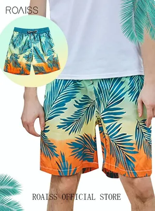 Men's Beachwear with Lining Gradient Color Quick Dry Beach Pants Swimming Trunks Leaves Pattern Short Sports Running Boxer Swim Shorts Swimsuit Summer Green/Orange 