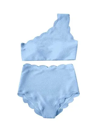 Lady Vintage High Waisted Scalloped Trim One Shoulder Bikini Blue 