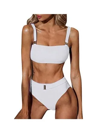 Women Fashion Solid High Waist Belt Swimsuit Bikini Set Beach Suit multicolour 