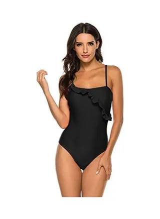 Women Solid Ruffle Swimsuit Strap Bikini Swimwear Black 
