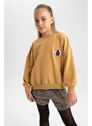 Girl Oversize Fit Crew Neck Long Sleeve Knitted Sweat Shirt 