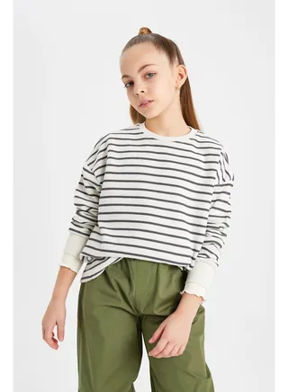 Girl Relax Fit Crew Neck Long Sleeve Knitted Sweat Shirt 