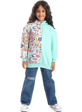 Half & Half Printed Hoodie_Green 