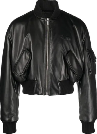 Logo-Embossed Leather Bomber Jacket