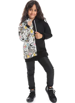Half Black Half Printed Cotton Hoodie_Black 