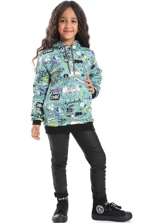 Mint Green Printed Cotton Hoodie_Green 