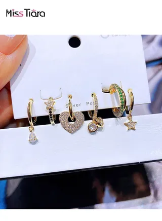 6-Piece S925 Silver Post  Zirconia Real Gold Plated Copper High Quality Guaranteed Fashion Style Asymmetric Earrings Set for Women and Girls 