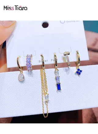 6-Piece S925 Silver Post AAA Zirconia Real Gold Plated Copper High Quality Guaranteed Fashion Style Asymmetric Earrings Set for Women and Girls 