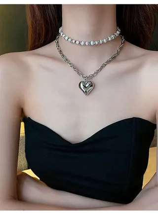 Trendy 2 Layers Overlay Faux Pearl Metal Heart Shape Necklace 