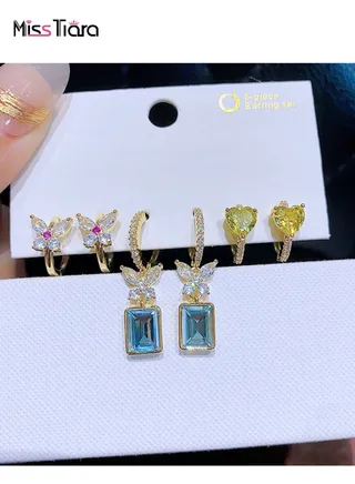 6-Piece S925 Silver Post Heart Shape Butterfly AAA Zirconia Real Gold Plated Copper High Quality Guaranteed Fashion Style Earrings Set for Women and Girls 
