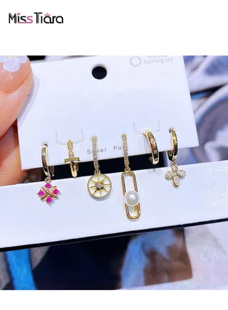 6-Piece S925 Silver Post AAA Zirconia Real Gold Plated Copper High Quality Guaranteed Fashion Style Asymmetric Earrings Set for Women and Girls 