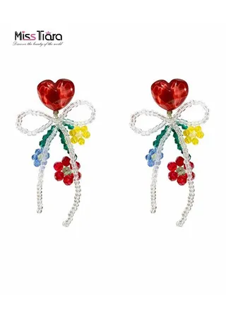 Handmade Sweet Style S925 Silver Needle Resin Crystal Flower Heart Bow Knot Earrings 