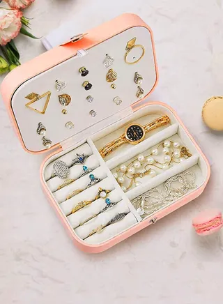 Portable Jewelry Box Double Layer Travel Jewelry Organizer for Necklace Earring Rings Case (Pink) 
