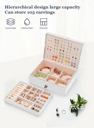 2-Layer PU Leather Jewellery Storage Box Lightweight Multifunction Jewelry Case for Women White 