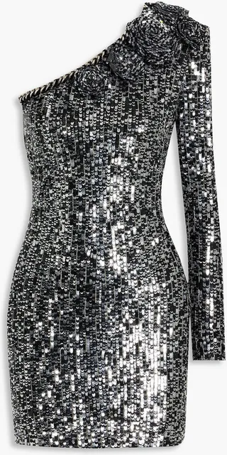 One-sleeve floral-appliquéd sequined tulle mini dress