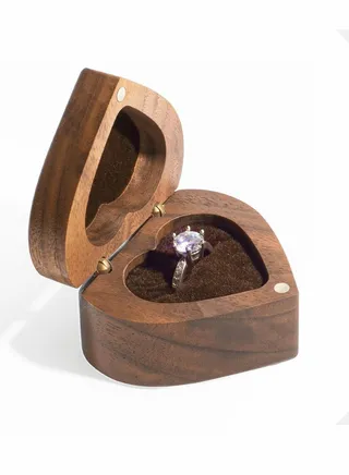 Wood Ring Box, Heart Shaped Walnut Box with Velvet Soft Interior 