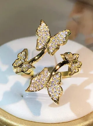 Butterflies 925 Sterling Silver Cubic Zirconia Studded Ring With Gold Plating Free Size 