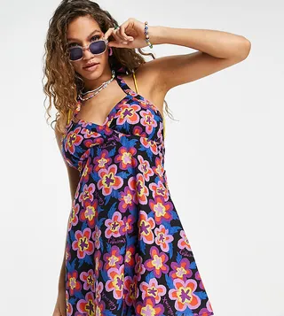 COLLUSION floral print beach halter neck dress in multi