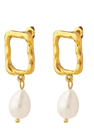 Drop Pearl Earrings, Rectangle Hoop 18K Gold Plated Pearl Teardrop Earrings, Elegant Drop Dangle Earrings, Real Freshwater Pearl Earrings, for Ladies and Girls 