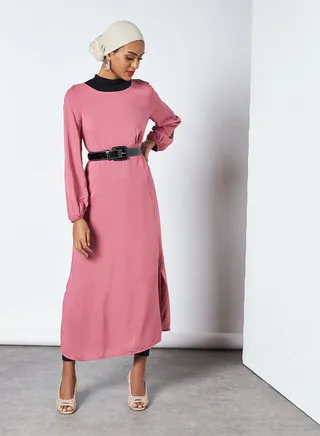 West Belt Solid Woven Rach Split Maxi Dress Rose Wine 
