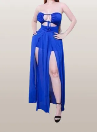 Women's dress made of soft cotton, elegant-long-open on both sides and with ties at the chest 