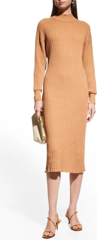 Mock-Neck Cable-Knit Midi Sweater Dress