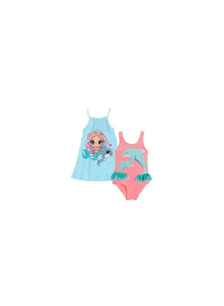 Girls' swimsuit with cash The swimsuit is of Simon color and the Cash is Light Blue with a drawing on it 