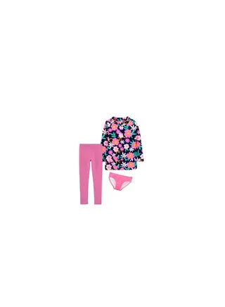 Girls' swimsuit consisting of a pink embellished T-shirt and pink pants. 
