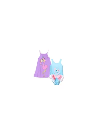 Girls' swimsuit with cash The swimsuit is Light blue in color and the Cash  is purple with a drawing on them 