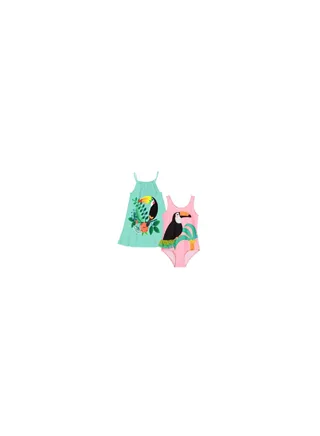 Girls' swimsuit with cash The swimsuit is pink and the Cash is turquoise with a drawing on it 