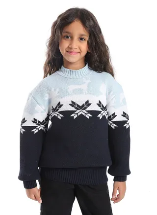 Girls Wool Pullover With Mutlicolour Design 