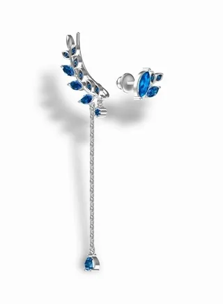 Minimal!st 925 Sterling Silver Rhodium Plated Hypoallergenic 100% Precious Metal Asymmetrical Earrings Emma With Blue Zirconia Gift For Women 