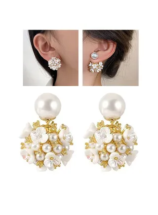 Earrings Silver Needle Zircon Pearl Flower French Retro Shell Spherical Stud Earrings Super Fairy Temperament Versatile Earrings 
