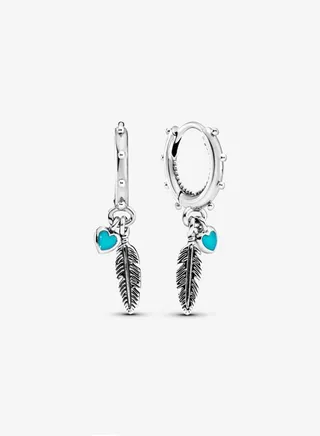 Pandora Moments Women's Classic Fashion Versatile Cubic Zirconia 925 Silver Blue Green Love and Feather Earring Gift 297205EN168 