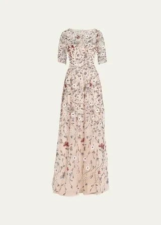 Floral Vine Embroidered Tulle Illusion Gown