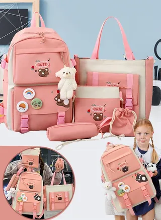 5 Pcs adult Backpack,School Bags Set Backpacks with Pendant Lunch Bag, Pencil Case, Handbag, Coin Purse for Teen Girls School Backpack 
