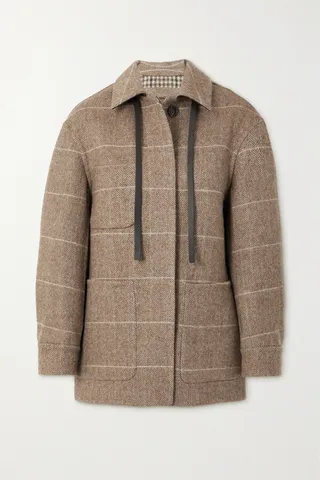 Purdey - Estate Leather-trimmed Striped Herringbone Wool Coat - Brown