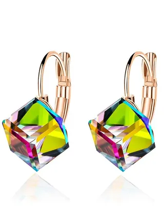 Cube Austrian Crystal Drop Leverback Earrings for Women Fashion 14K Rose Gold Plated Hypoallergenic Jewelry 