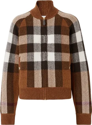 Check Intarsia Wool Cashmere Bomber Jacket Dark Birch Brown