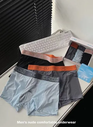 3-Piece Ice Silk Medium Waist Panties Breathable Quick-drying Men’s Teenager Boys Boxer Brief Antibacterial Underwear Set Blue+Black+Dark Grey 