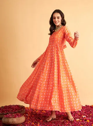 Floral Print Round Neck Anarkali Maxi Dress 