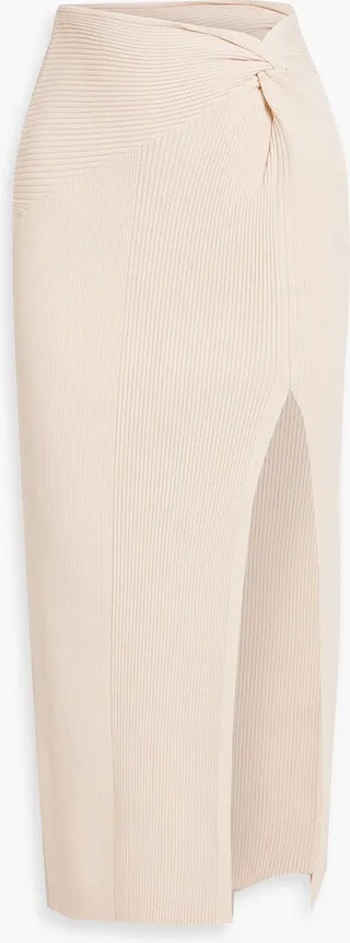 Azora twist-front ribbed-knit midi skirt