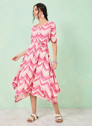 Chevron Print Asymmetric Hem Midi Dress 