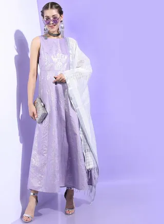 Foil Print Sleeveless Dress with Dupatta 