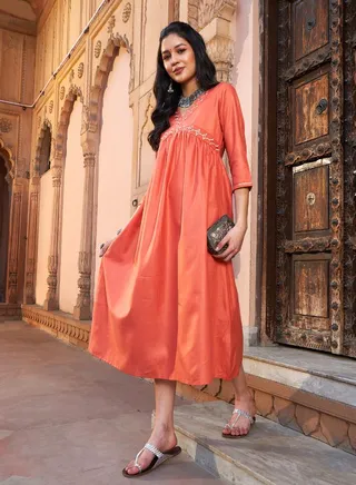 Embroidered A-Line Kurta Midi Dress 