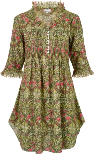 At Last... - Annabel Cotton Tunic In Green With Coral Flower