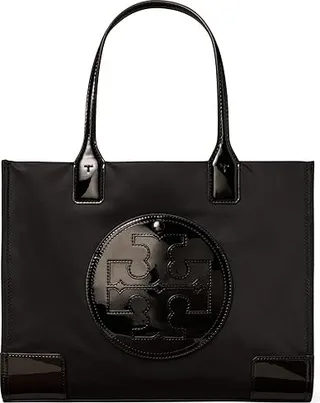 Tory Burch Ella Patent Small Tote (Black) Handbags