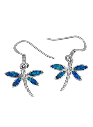Sterling Silver Synthetic Opal Dragonfly Dangle Earrings 