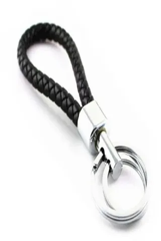 Braided Woven Rope Double Rings Key Chain Black/Silver 